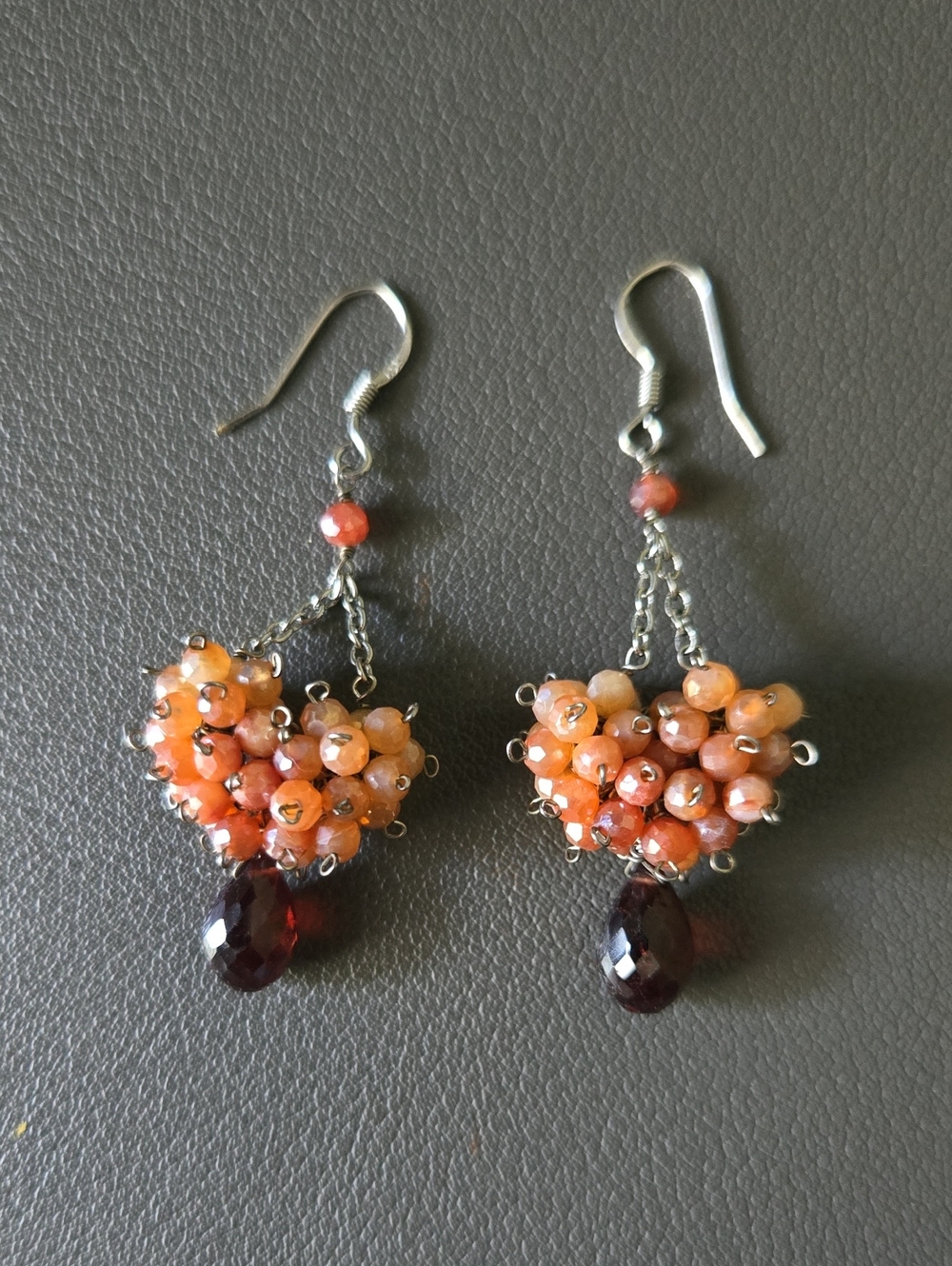 925 Handmade Orange Cluster Gemstone with Garnet Stone Dangle Earrings